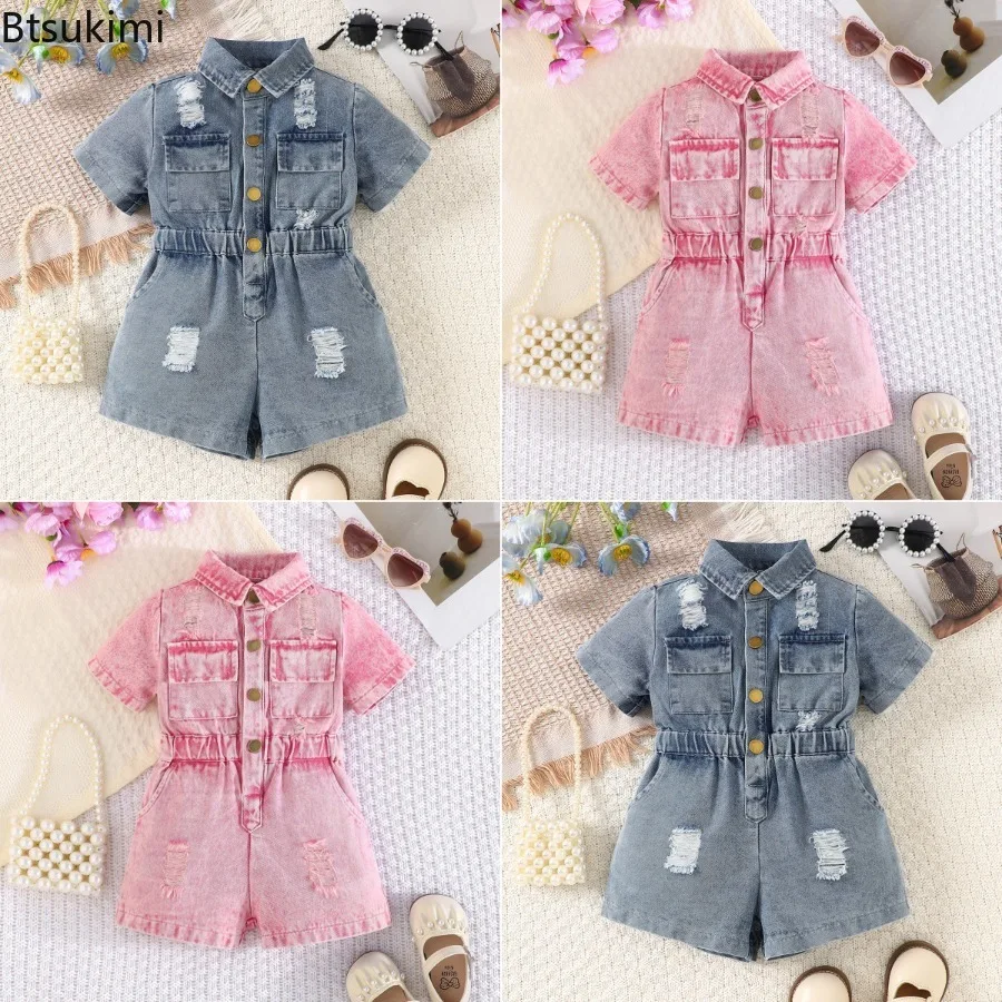 2026 Baby Girl's Short Sleeved Denim Jumpsuit Summer Fashion Single Breasted Lapel Casual Denim Shorts Toddler Jumpsuit Shorts