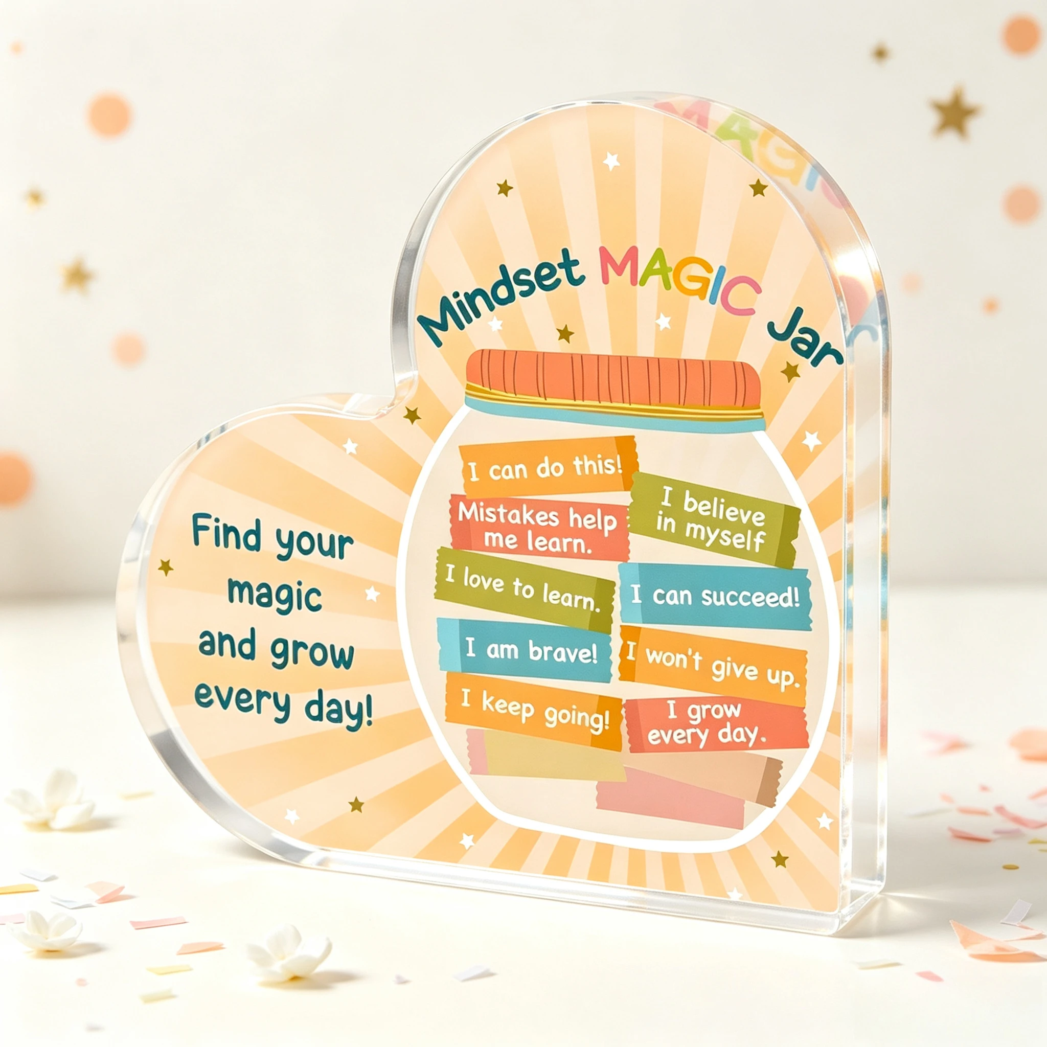Mindset Magic Jar Heart‑Shaped Acrylic Plaque Positive Affirmation Kids Desk Decor Growth Mindset Quote Jar Design Heart Acrylic Stand, Colorful Motivational Keepsake Gift