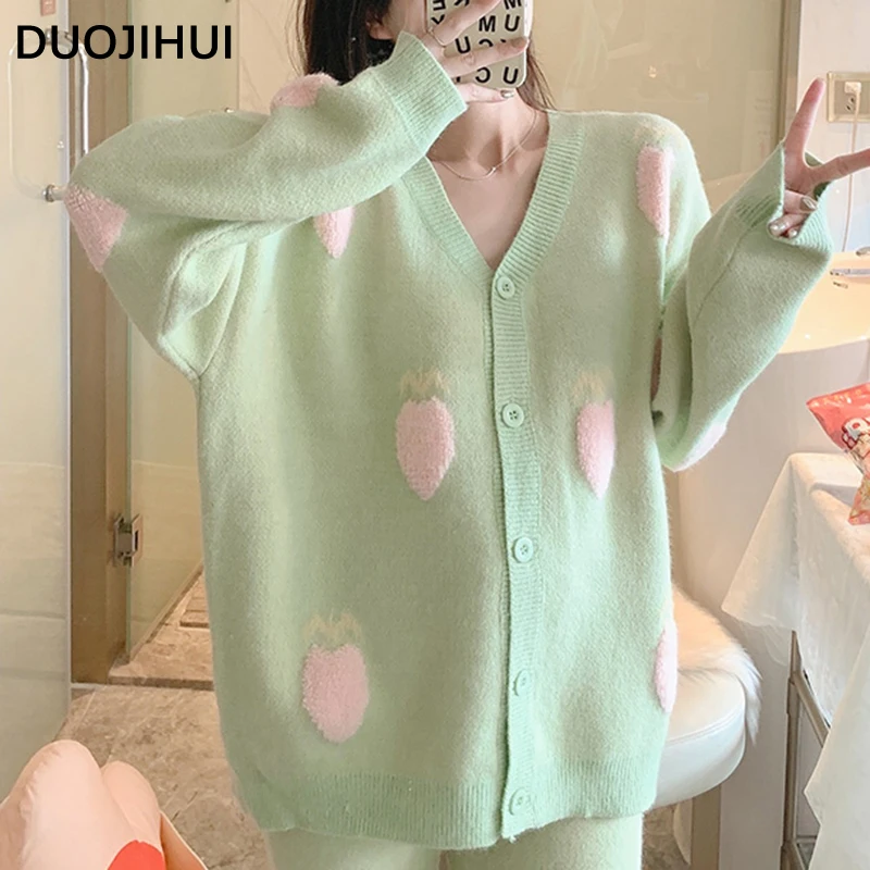 DUOJIHUI Spell Color Simple Print Female Pajamas Set Winter V-neck Cardigan Basic Pant 2-colors Loose Fashion Pajamas for Women