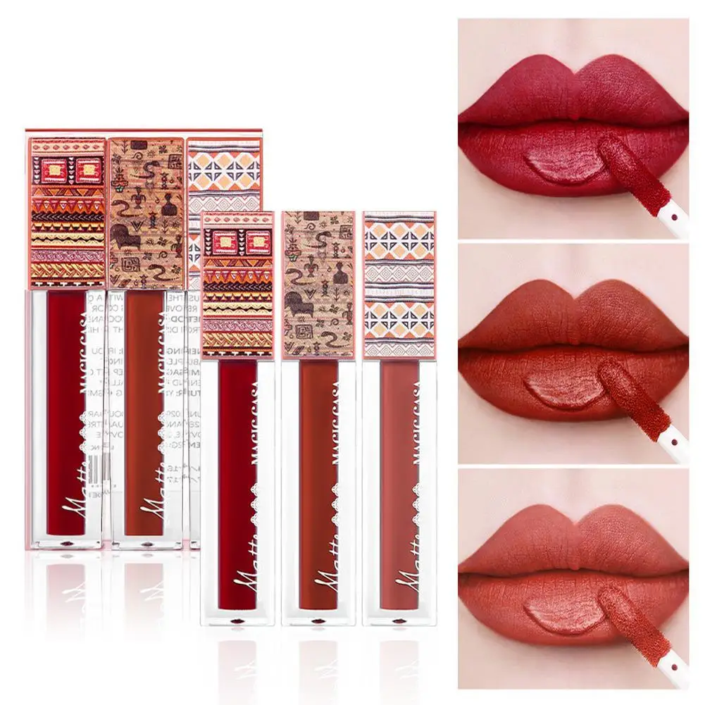 3pcs 3D Waterproof Matte Nude Lip Gloss Brown Nude Pigment Dark Red Long Lasting Velvet Liquid Lipstick Women Makeup Lip Glaze