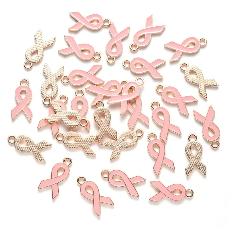 20 pc Alloy Enamel Pendants Cadmium Free & Lead Free Awareness Ribbon Shape Light Gold Plated Pink 20x10x2mm Hole: 2mm