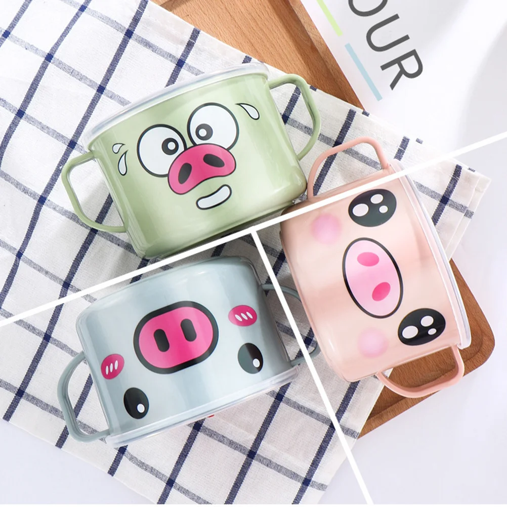 

Stainless Steel Kids Rice Bowl Pink Shatterproof Double Handles Leakproof Lid Baby Feeding Tableware Heat Insulation