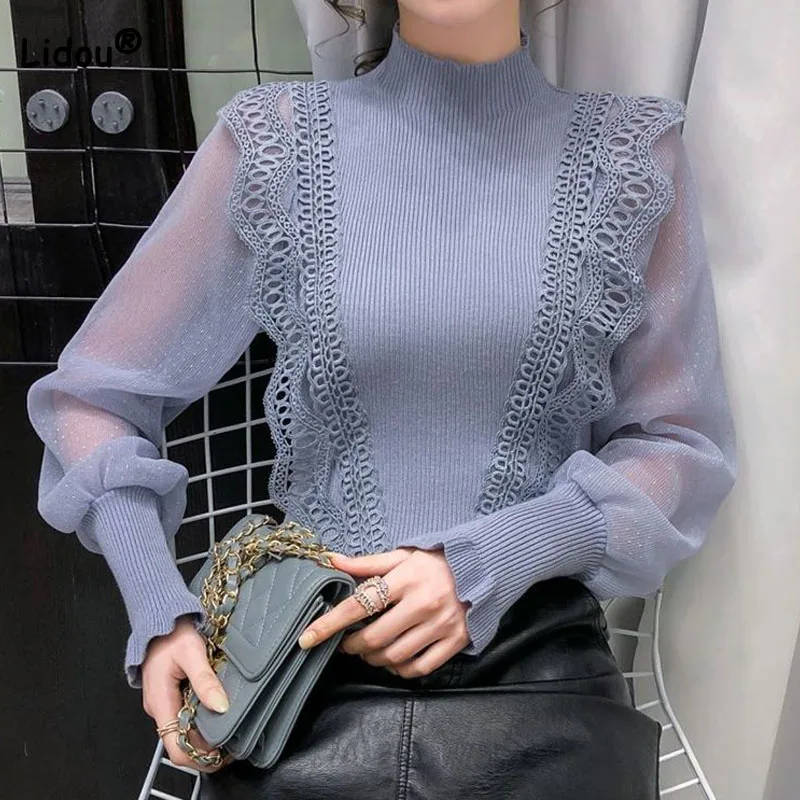 

Korean Fashion Knitted Spliced Solid Color Slim Tops Spring Autumn Mesh Long Sleeve All-match Half High Collar Sweaters Pullover