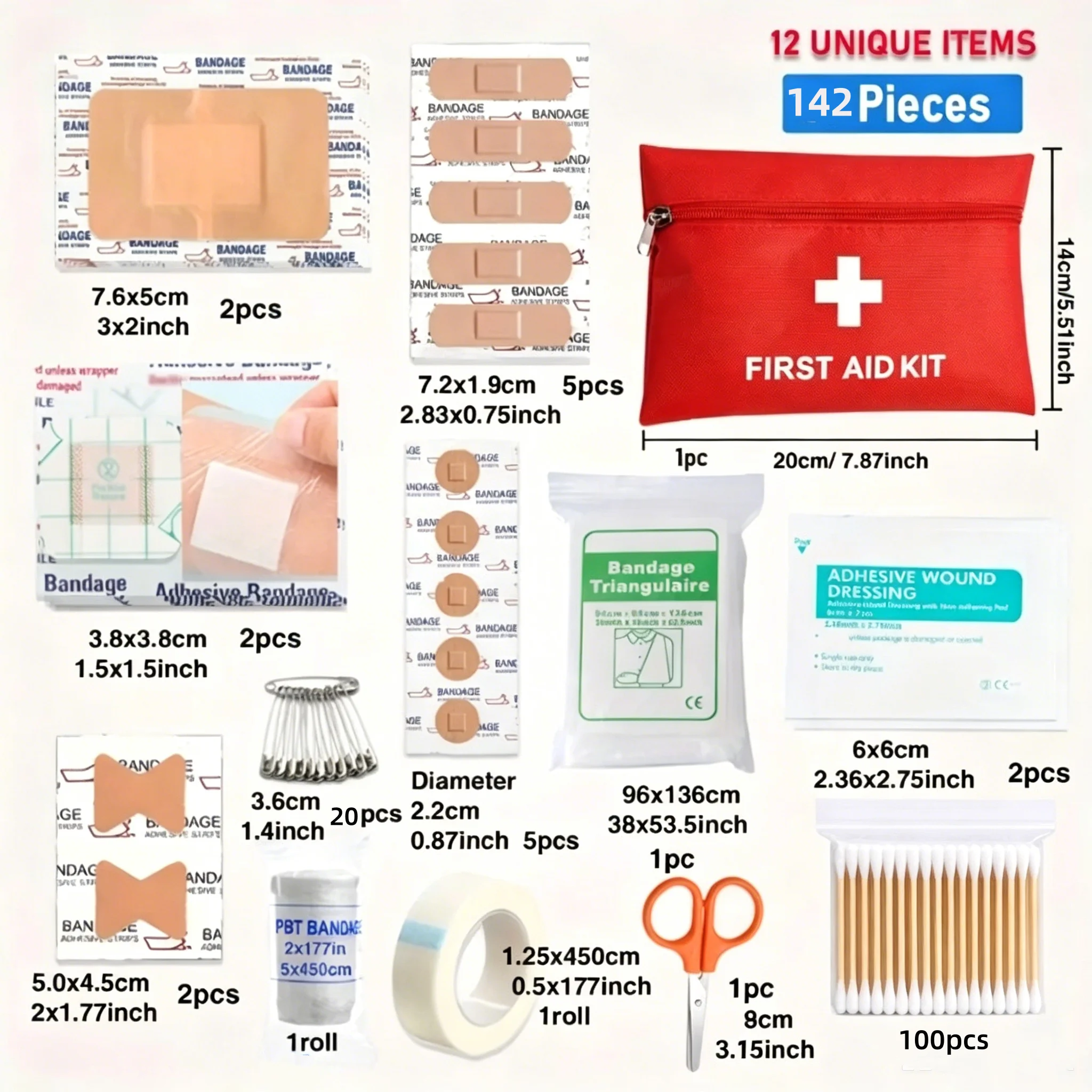 142pcs First Aid Kit Outdoor Emergency Set Waterproof Medical Bag for Travel Cycling Hiking Backpacking Camping Car Motorcycle