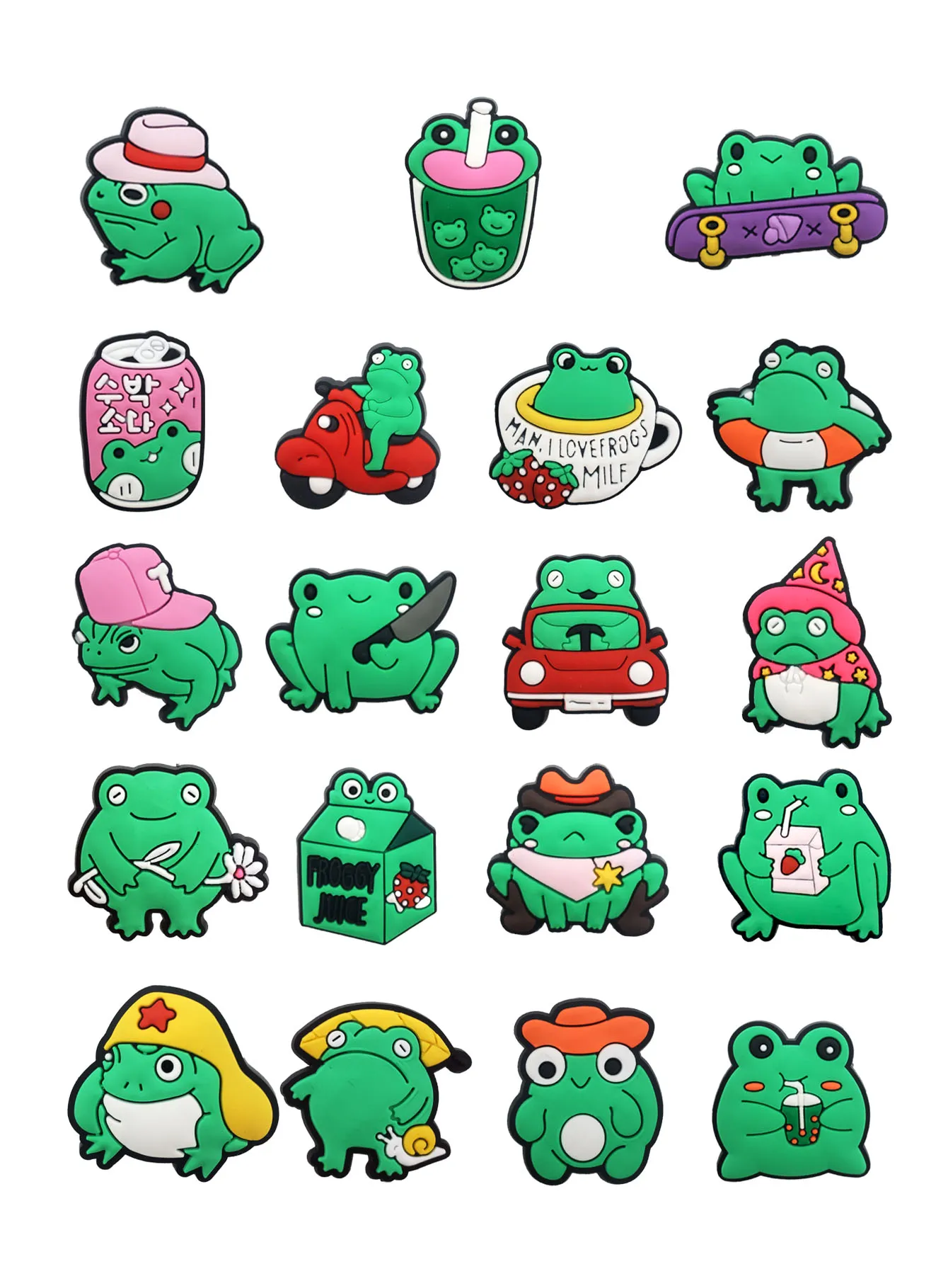 19pcs Green Frogs Series Shoe Charms For Sandals, PVC Shoe Decorations Accessories For Christmas, Birthday, Party, Gift