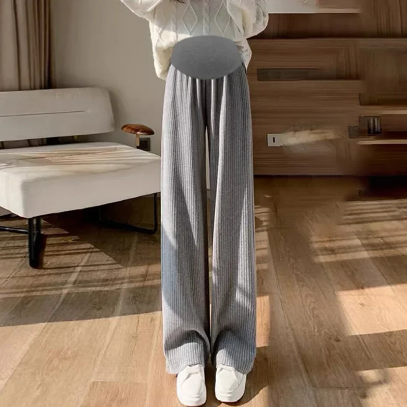 Pregnant Women Pants Knitted Wide Leg Trousers Pring Plush Thickened New Straight Tube Drape Casual Maternity Clothes