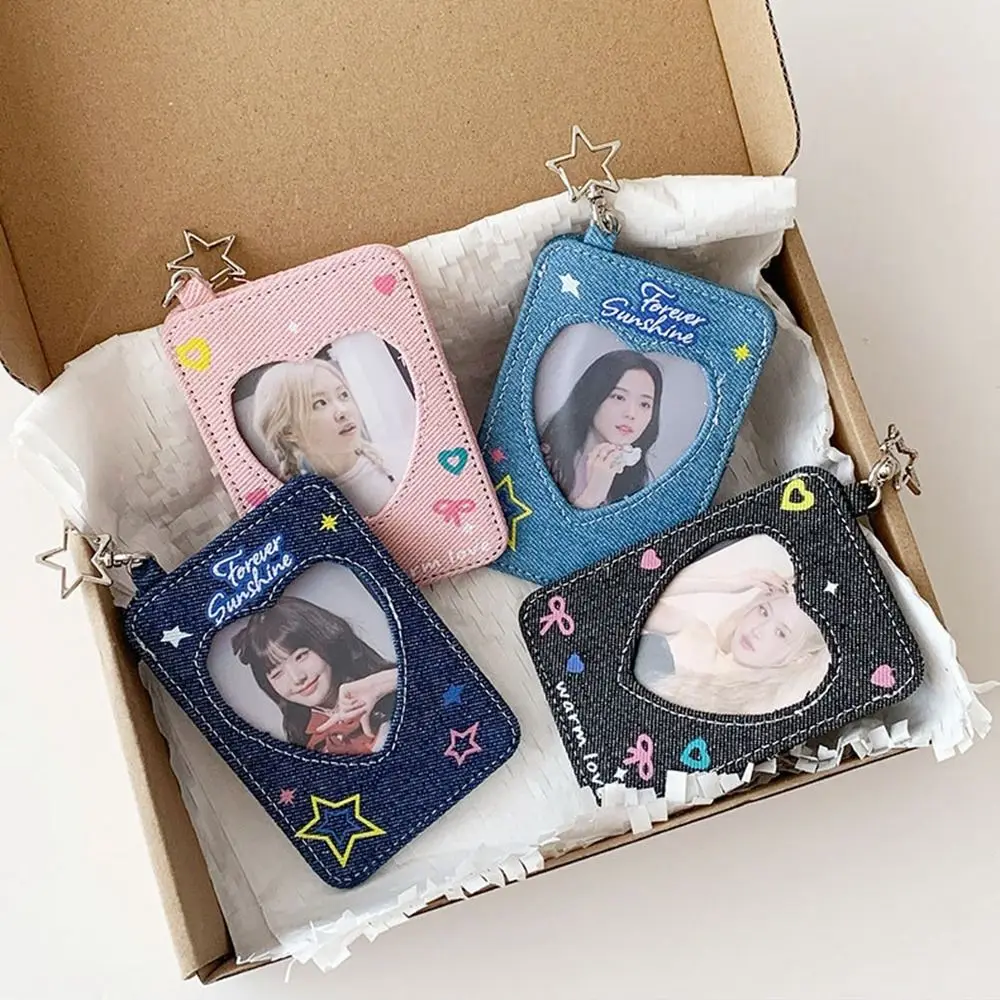 Uroczy brelok do kluczy w stylu Y2K z denimu z gwiazdą, zawieszka do plecaka, etui na karty w kształcie serca, okładka na kartę studencką, album z idolami