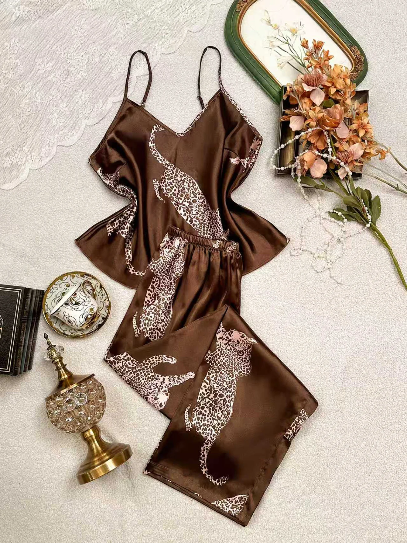 2 Piece Women's Pajama Set V Neck Spaghetti Strap Cami Top with Elastic Waist Pants Elegant Soft Loungewear Sleepwear for Ladies image 6