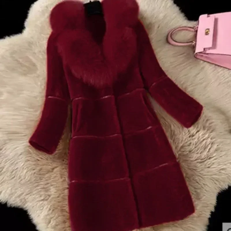 Winter New Sheep Shear Fur Jacket Women Overcoat Fashion Slim Mid-Length Warm Parkas Female Fox Fur Coat Outwear