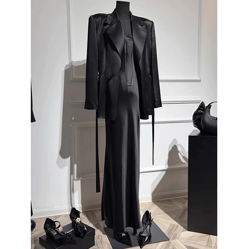 

Two Piece Sets Womens Outifits Spring New High-end Advanced Formal Wear Temperature Black Acetic Acid Dress and Blazer