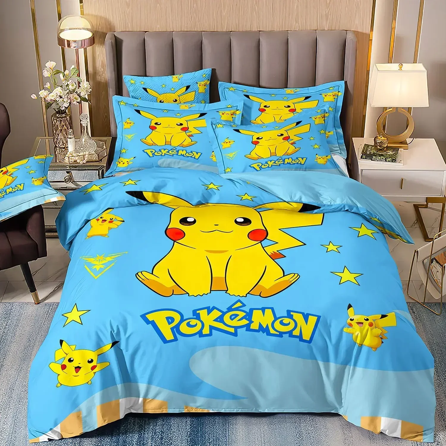 Pokemon Quiltt Cover for Kids, Pikachu Design,Reversible Bedding Set with Matching Pillowcase, Children's Bedroom Bed Decoration