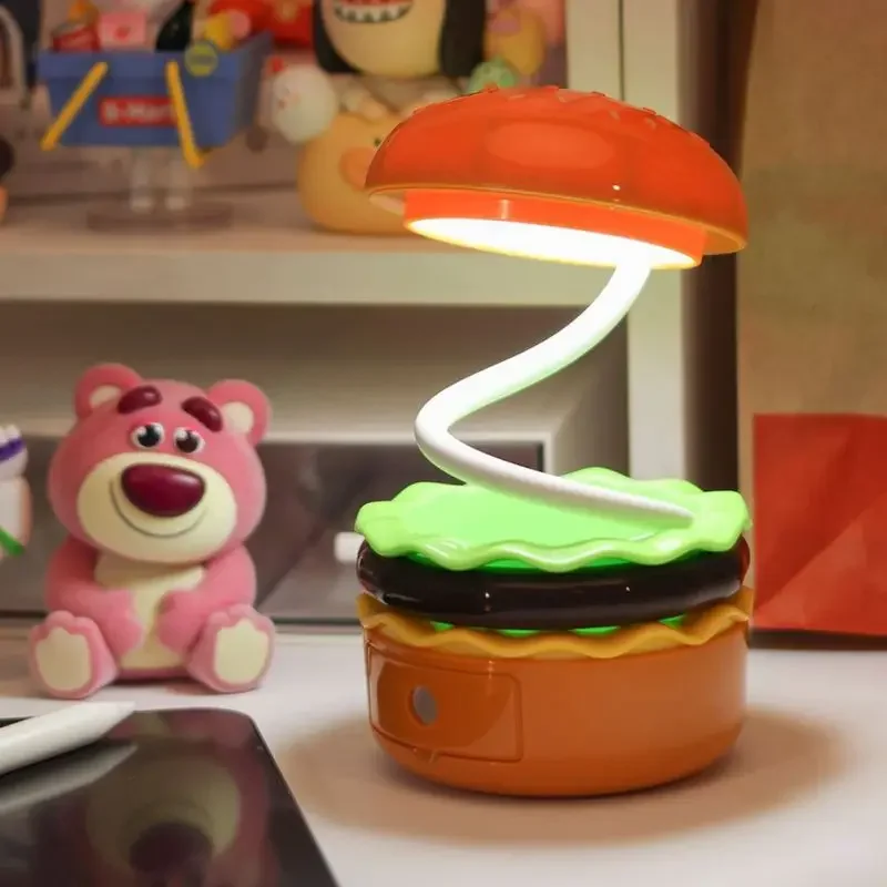 Hamburger Night Light with Pencil Sharpener Cartoon Bedside Desktop Lamp Retractable Ambient Light for Boys Girls Gifts