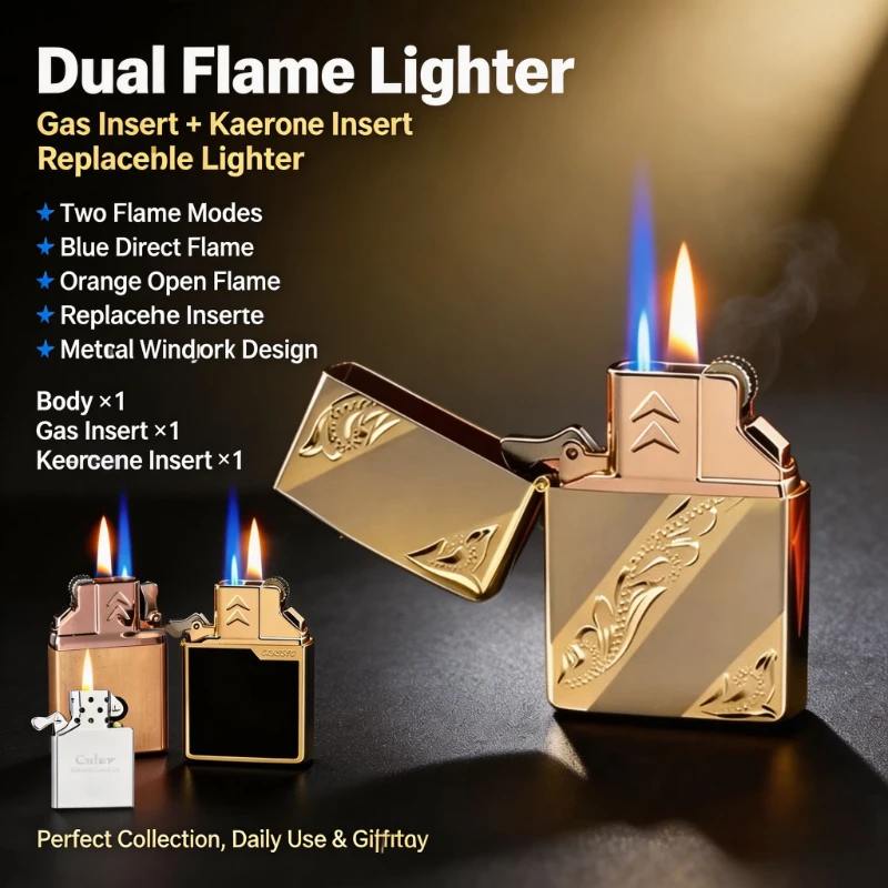 Universal Dual Flame Butane Lighter Insert, Flint Wheel Ignition Refillable Inner Liner, Upgrade Replacement for Lighters Tool