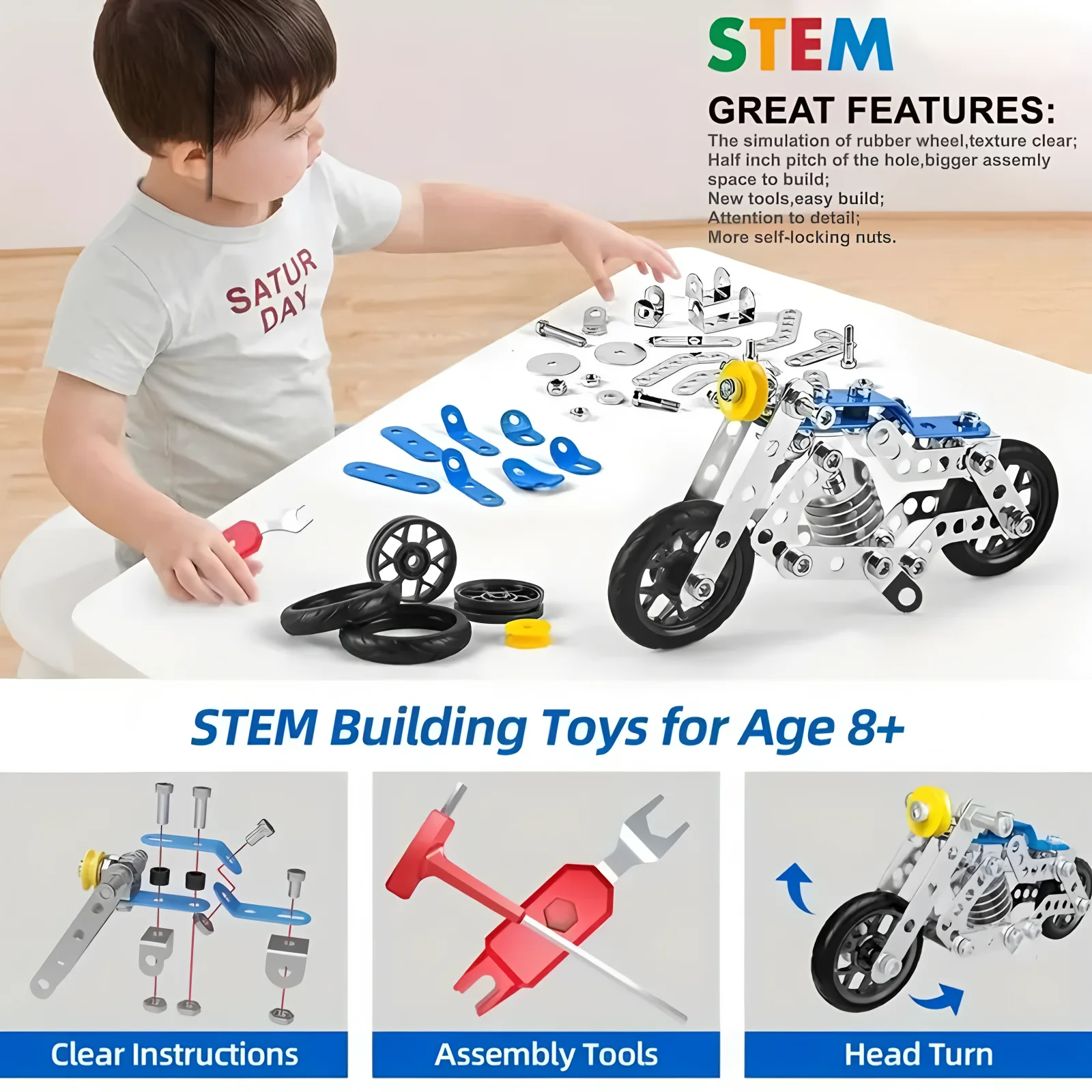Erector Set motorfiets stuurpen bouwspeelgoed voor kinderen Metalen bouwconstructiemodel Kit 5-variabele multi-vormige motor