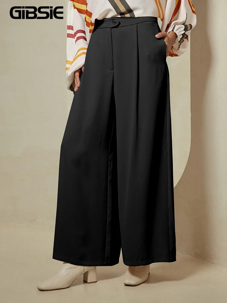 

GIBSIE плюс размер черные костюмные брюки женские с карманами повседневные свободные широкие брюки с высокой талией женские весенне-осенние офисные женские новые