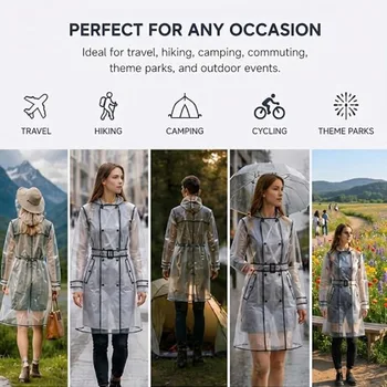 Korean Style Fashion Belted EVA Onepiece Raincoat Trench for Women Outdoor Adult Waterproof Transparent Lightweight Portable 5