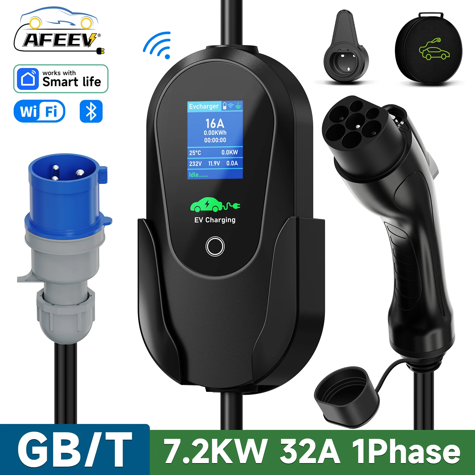 AFEEV GBT 20234 Tragbares EV-Ladegerät 7,2 kW 32 A 1 Phase Wallbox EVSE Schnellladekabel für chinesische Auto WiFi APP Bluetooth-Steuerung