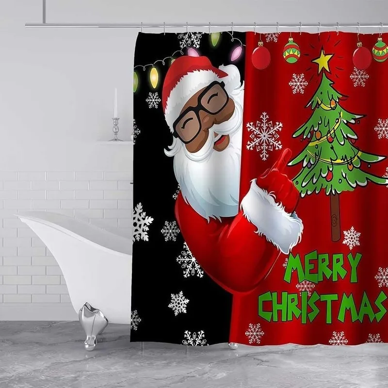 Black Red Eyeglasses Santa Claus Christmas Tree Bathroom Shower Curtain No Drilling 12 Hooks Waterproof Polyester