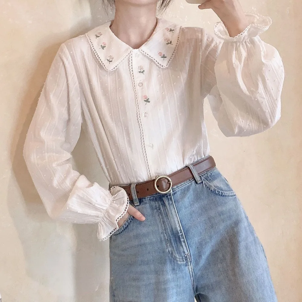 Kawaii Peter Pan Collar Shirts Women Sweet Floral Embroidury Girlish Long-sleeved tops Inner Wear Japanese Style Fashion Retro