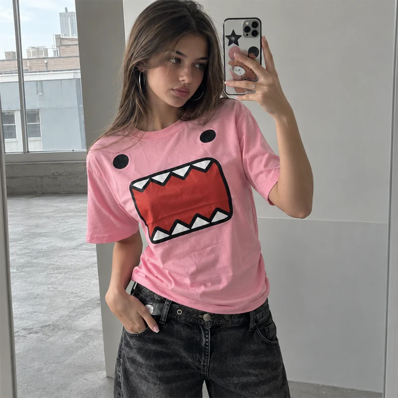 Women Pink Graphic T Shirt Cartoon Monster Mouth Print Short Sleeve Crew Neck Loose Fit Casual Streetwear Summer Tee for Women