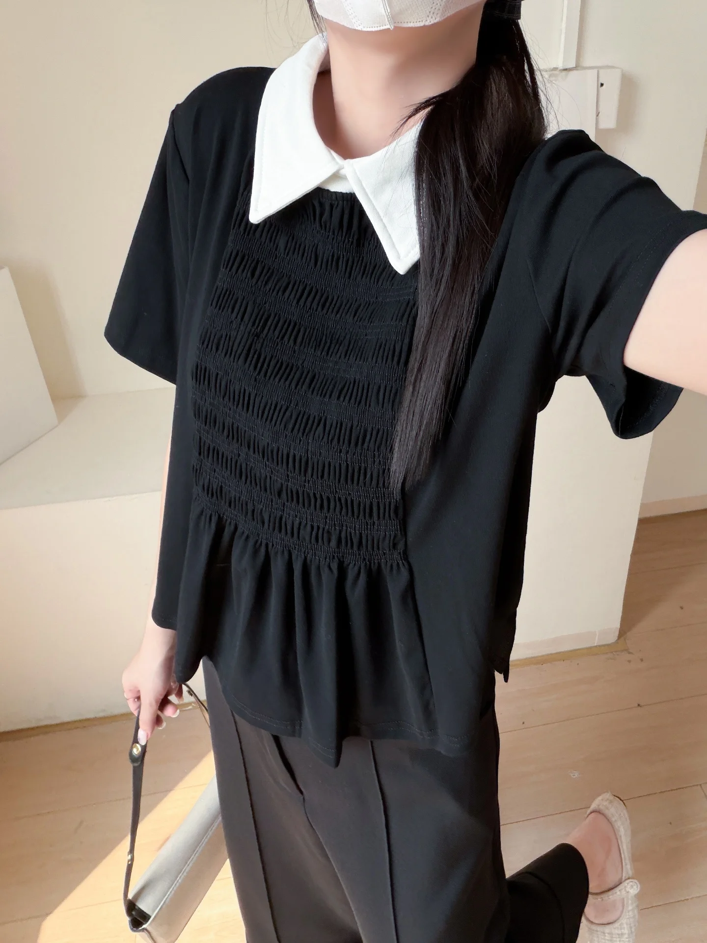 

Slimming Floral Print Turn-down Collar Short Sleeve Women's Shirt Pleated High Waist A-Line Style College Fashion Top