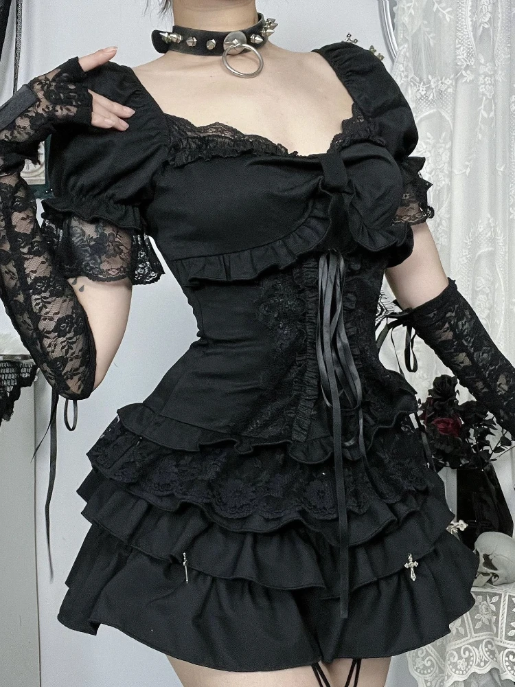 AltGoth Kawaii Dark Gothic T-shirt Women Vintage Aesthetic Fairycore Grunge Sweet Y2k Lace Patchwork Puff Sleeve Crop Tee Tops