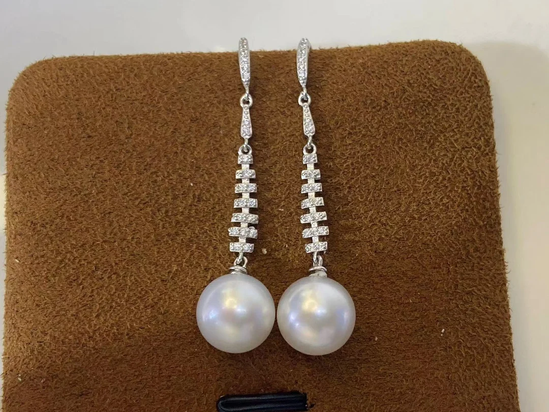 

JCY Fine Jewelry 925 Sterling Silver Round 10-11mm Nature Fresh Water White Pearls Drop Dangle Earrings Present