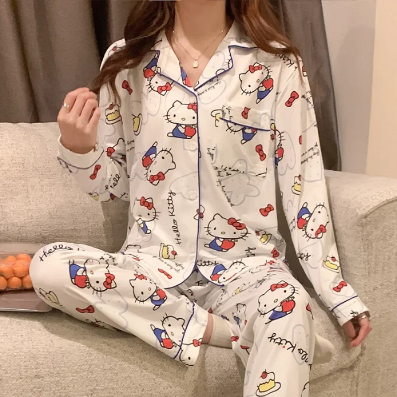 Hello Kitty pajamas cartoon Sanrio loungewear new pajamas pants set women's two-piece set Sanrio Hello Kitty women's pajamas