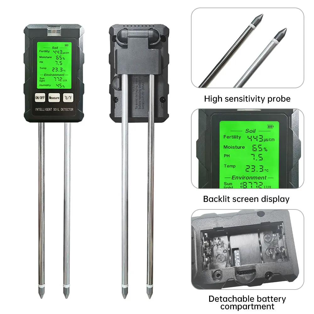 6 w 1 Tester PH o wysokiej dokładności gleby PH/EC/Wilgoć/Światło słoneczne/Wilgotność powietrza/Detektor temp Monitor Detektor przyrządów ogrodowych