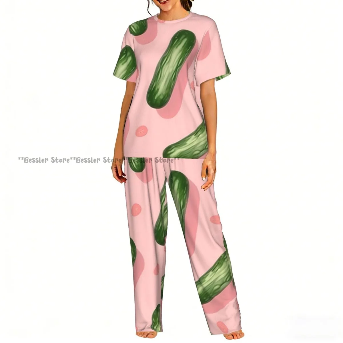 

Women's Pajamas Set Cucumbers Background Short Sleeve Sleepwear 2 Piece Homewear Loungewear