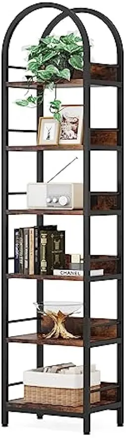 Comfort corner Tall Arched Bookshelf, 6 Tiers Skinny Open Bookcase,Freestanding Corner Display Shelves Rack for Living Room