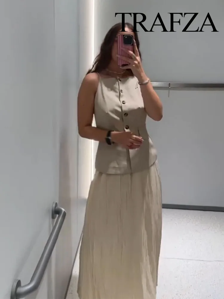 

HH Women's Fashion Vest-Style Dresses Solid V-Neck Sleeveless Pockets Single-Breasted Female Summer Elegant Long Dress