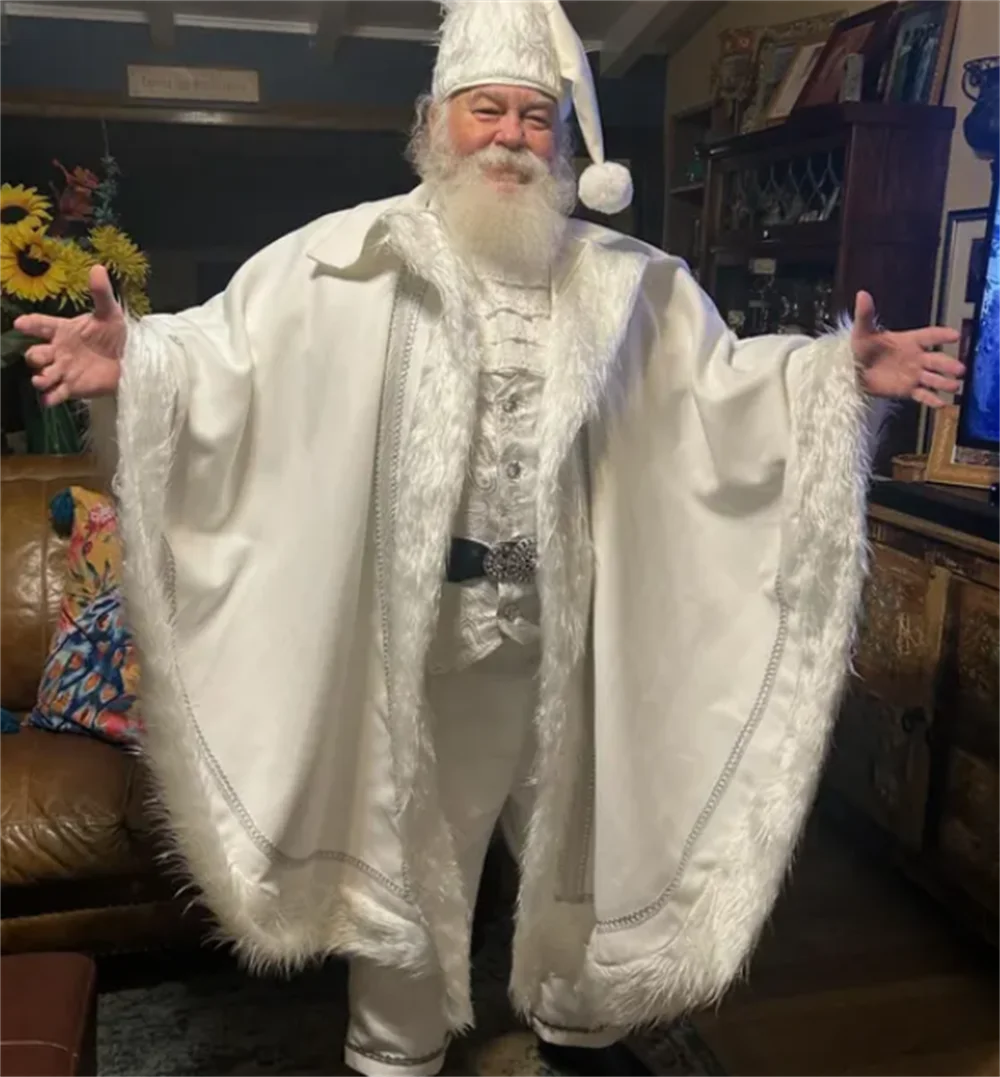 Disfraz de Papá Noel Blanco de Lujo, Disfraz Profesional de Santa Claus para Hombre, Traje de Adulto con Chaqueta, Chaleco, Pantalones y Gorro