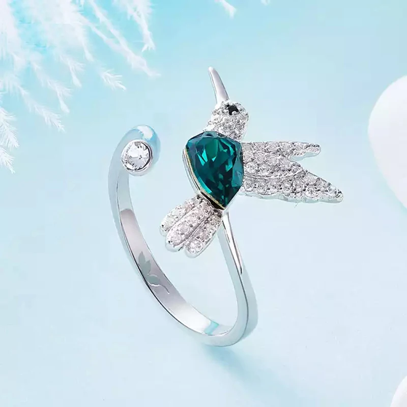 Original 925 Sterling Silver Bird Rings Adjustable Hummingbird Austrian Crystal Open Wedding Ring for Women Girls Fine Jewelry