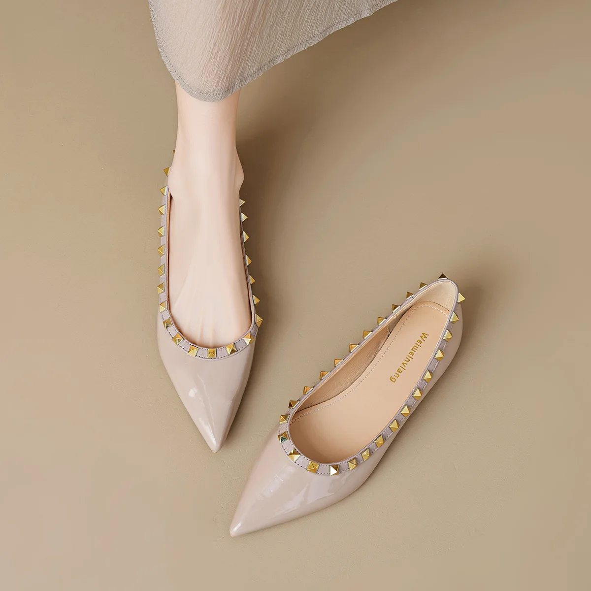 

Gorasion Flat Shoes Women Pointed Toe Square Heel Pumps Women Leather French Elegant Rivet Shallow Mouth Dress Shoes Handmade