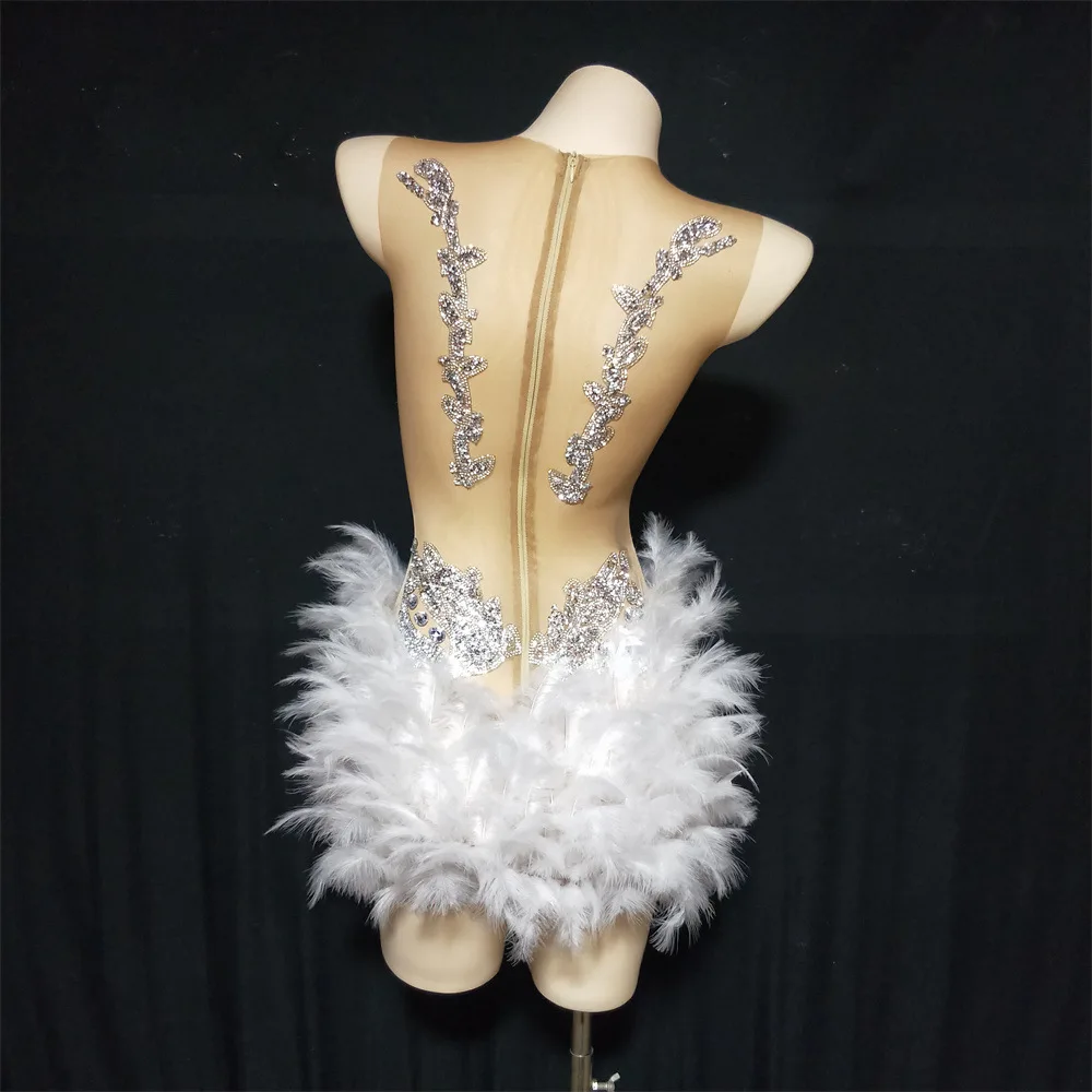 Shiny Rhinestone Perspective Tight Sexy Feather Skirt Performance Dress For Nightclub Party Host White Dresses With Rhinestones