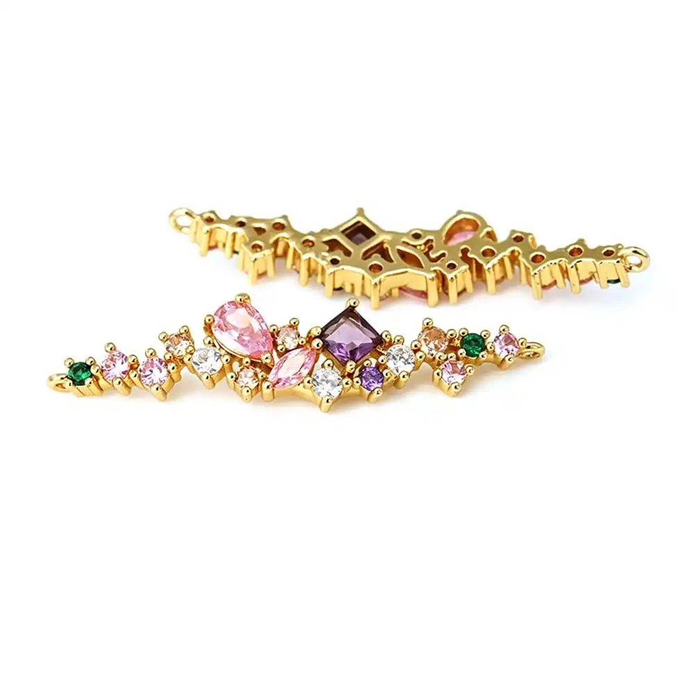 18K Gold Color Brass Zircon 2 Holes Rhombus Round Connect Charms Pendants Diy Jewelry Necklace Earrings Accessories for Women