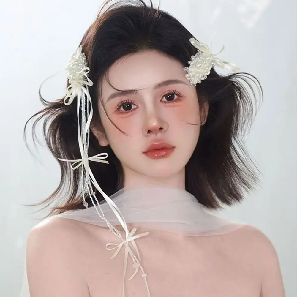1 زوج تنوعا أنيق الزفاف مشبك شعر حبات اللؤلؤ شرابة العروس دبوس الشعر الأبيض اليدوية الزفاف غطاء الرأس اكسسوارات الزفاف