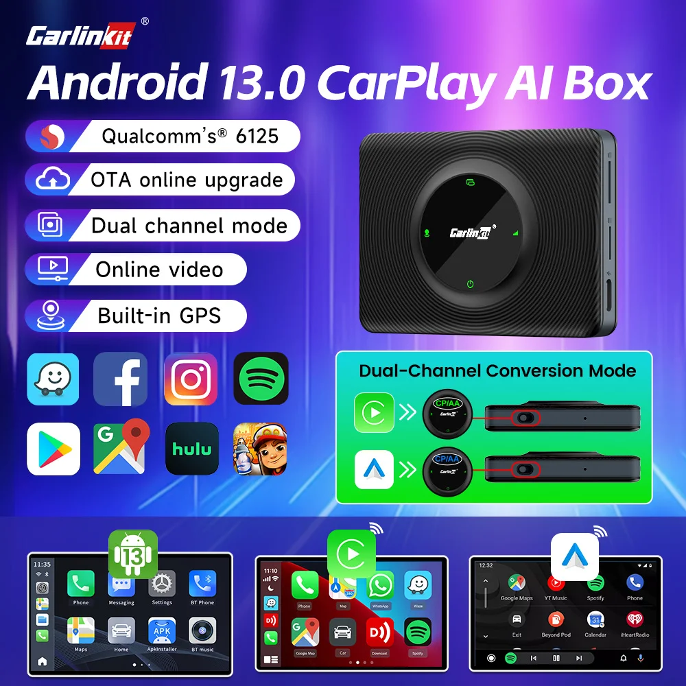 

Carlinkit Android 13 Ai Box Wireless Carplay Android Auto Adapter Qualcomm 6225 8-Cores Gps Auto Connect Support Youtube Netflix