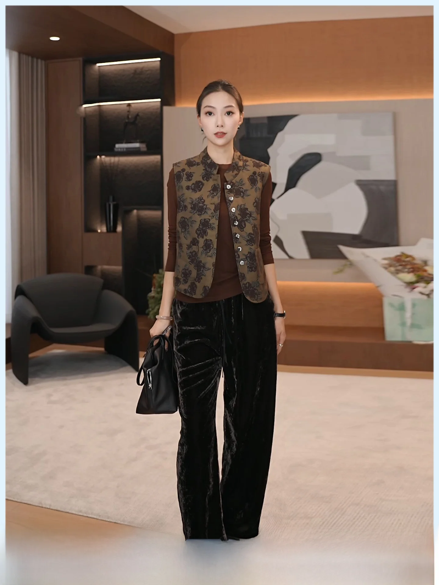 

High Waist Velvet Straight Leg Pants Women's Casual Trousers Drawstring Elastic Waist Loose Fit Spring 2026 New Arrival