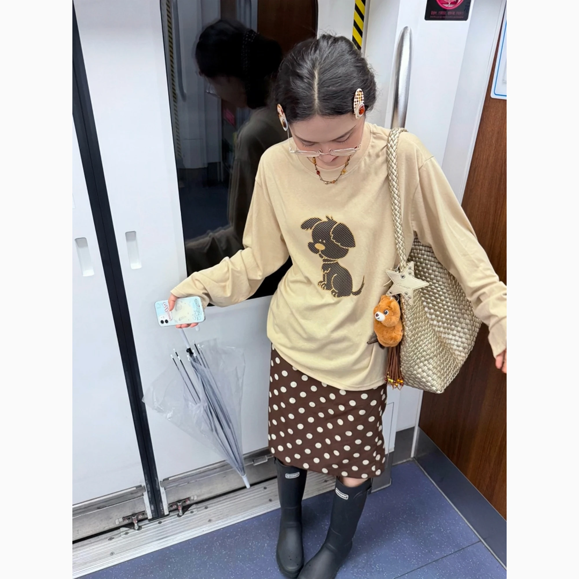 Sakura Checkered Long Sleeve round Neck T-Shirt Casual Loose Cotton Top for Women Spring Autumn Polka Dot Pattern