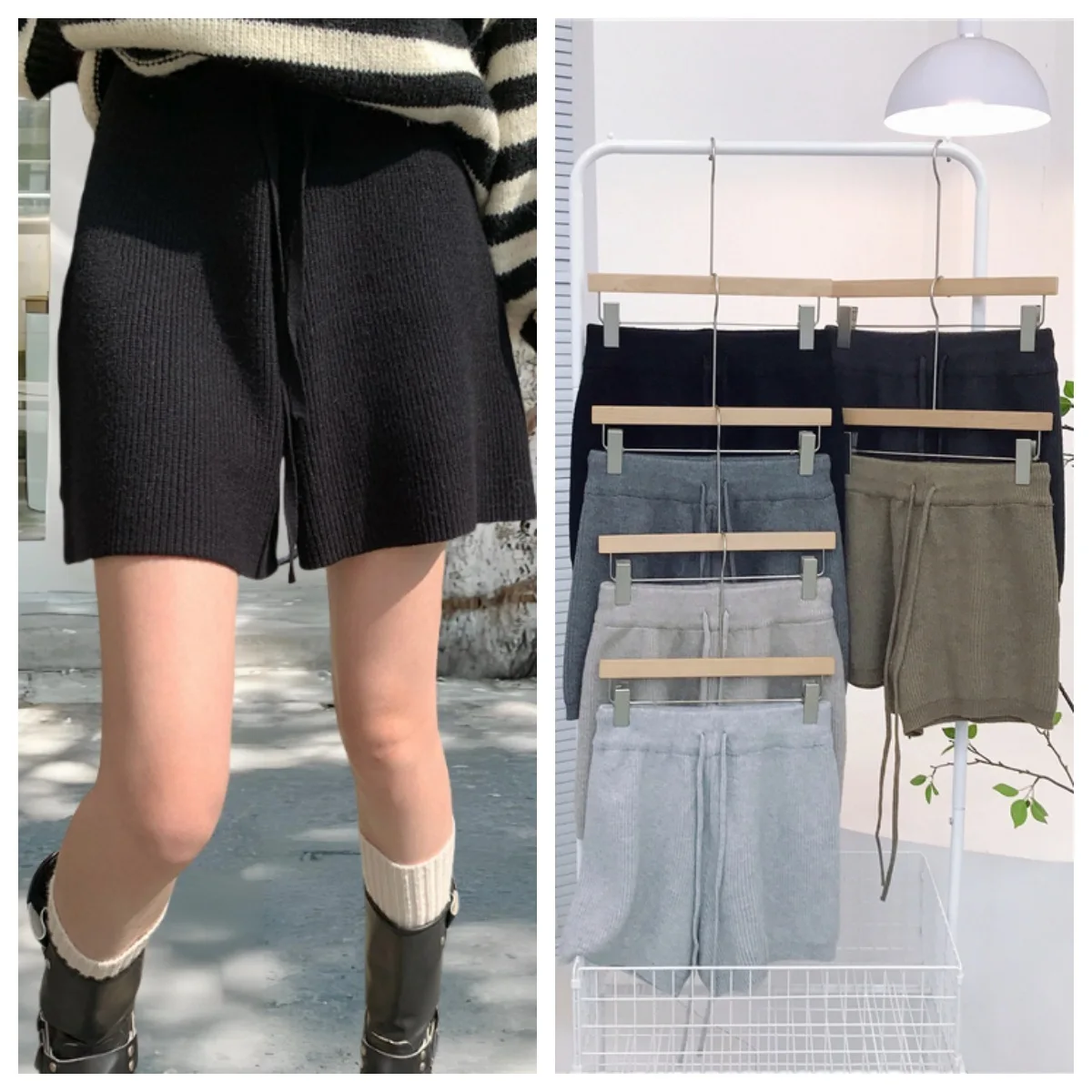 8199 pantalones cortos de cinco puntos de corte en A para mujer, holgados, de punto grueso, con cintura elástica, para cubrir la cintura, adelgazantes