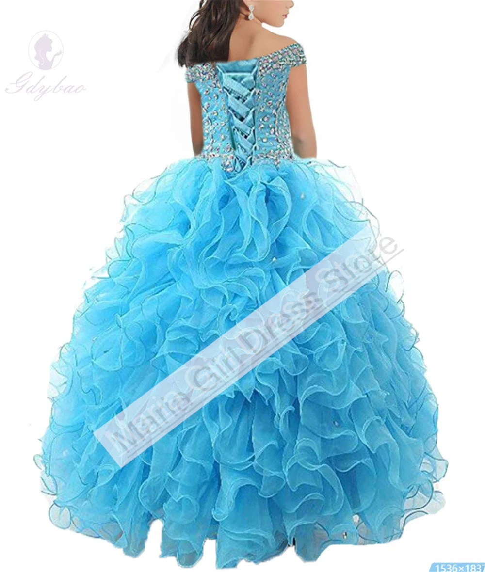 Vestido rosa elegante de flores para niña, vestido de primera comunión con volantes y cuentas de cristal para fiesta de graduación, desfile para niños