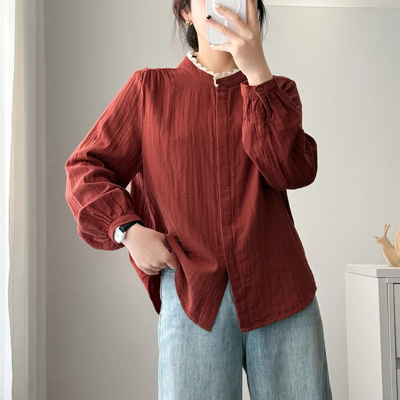 New Spring And Autumn Lace Stand-up Collar Cotton Tops Women Clothing Long-sleeved Solid Color Female Shirts & Blouses U111