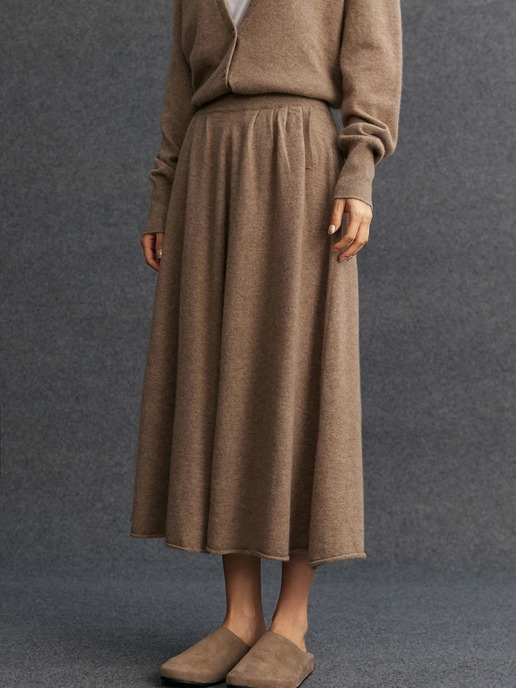 New Women's 100% Pure Cashmere Knitted Full Skirt Autumn Winter High Waisted Mid-calf Ankle-Length Soild Dress Versatile Elegant
