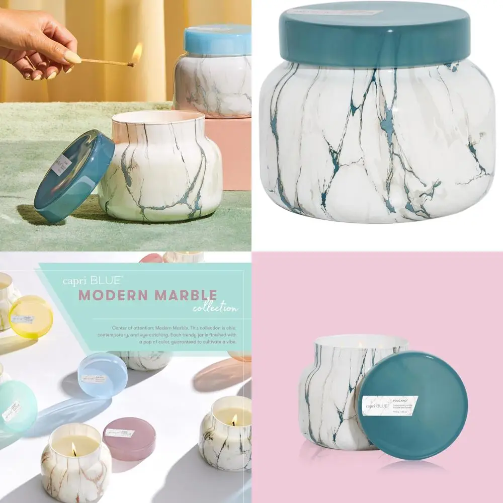 

Большая мраморная банка с роскошной ароматической свечой - аромат тропических фруктов и цитрусовых с сахаром