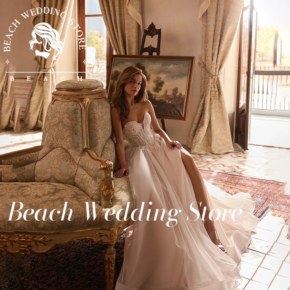 ビーチ恋人モダンノースリーブチュールストラップレスバックレスレースブライダルドレスハイスリット 2025 Vestidos デノビアカスタマイズ