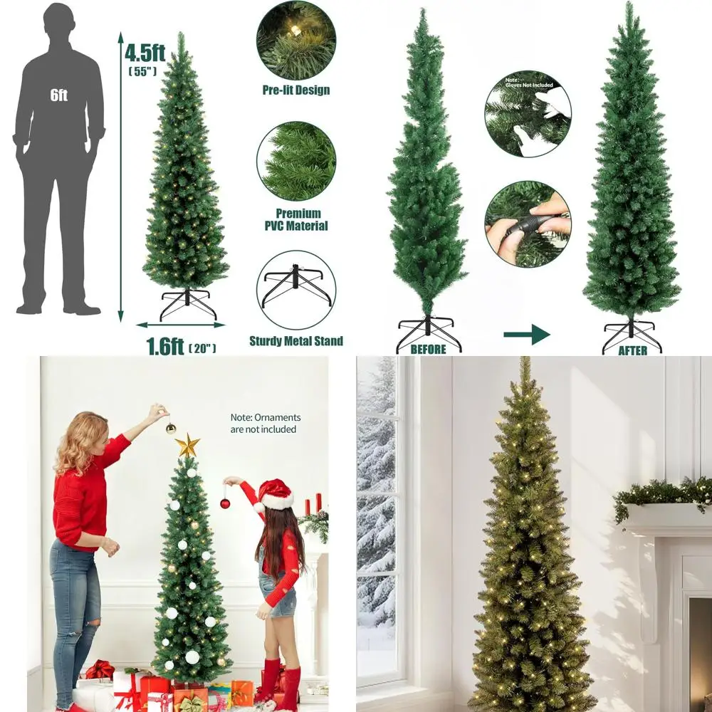 

4.5ft Pre-lit Slim Artificial Fir Christmas Tree with 310 Tips, 150 Warm White Lights, Metal Hinges & Base