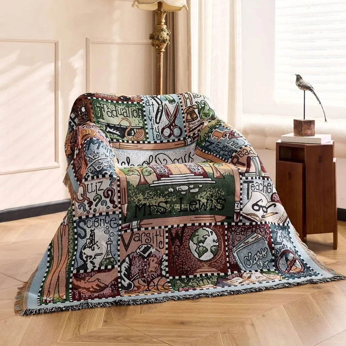 School Days Jacquard Throw Blanket Bohe Teacher Appreciation Woven Tapestry Vintage Classroom Collage Fringe Decor Sofa Cover
