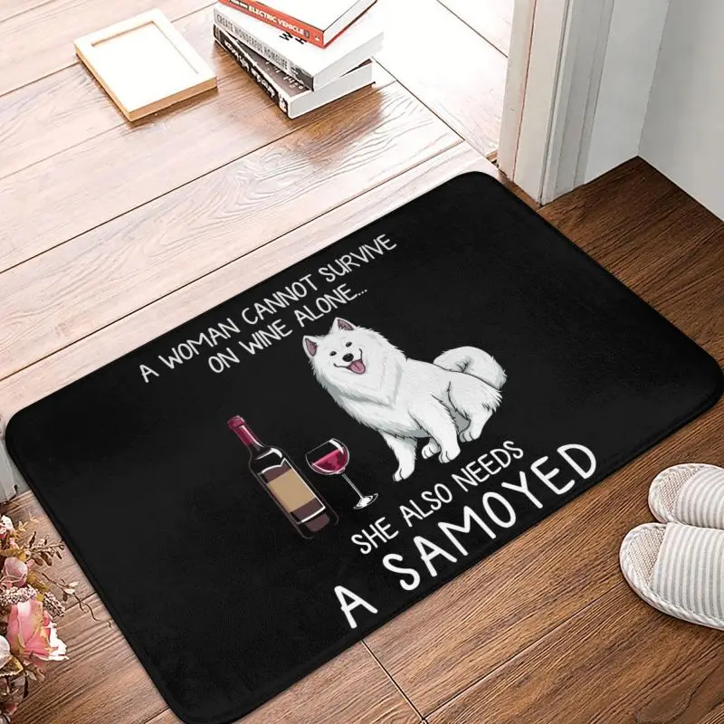 Samoyed And Wine Funny Dog Front Door Mat Anti-Slip Outdoor Absorbent Doggy Puppy Pet Doormat Living Room Entrance Rug Carpet
